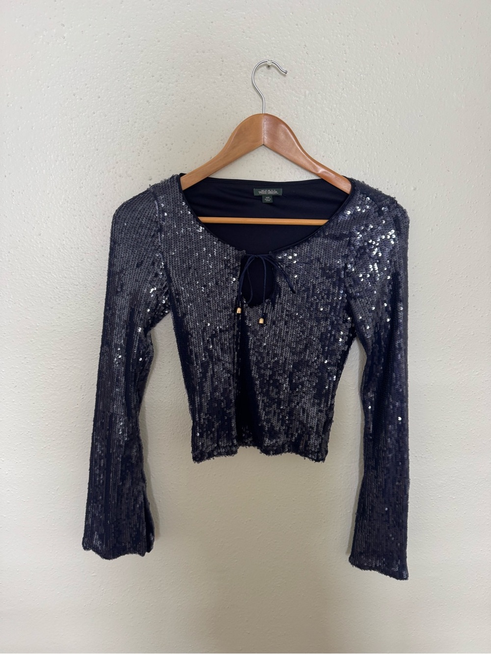 Navy Sequin Tie-Front Long Sleeve Top